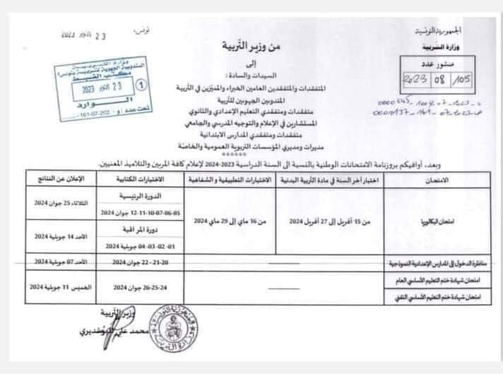 رزنامة الامتحانات الوطنية 2024 تونس البكالوريا النوفيام النموذجي السادسة ابتدائي
