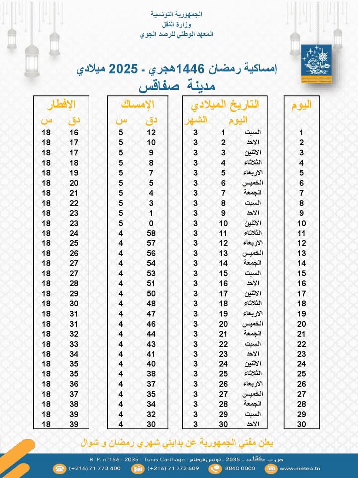 امساكية رمضان 2025 صفاقس